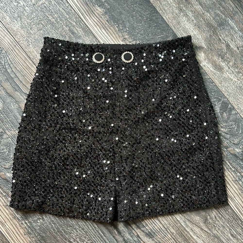 Flora Bea NYC Black Sequin Mini Skirt Bling Size XS